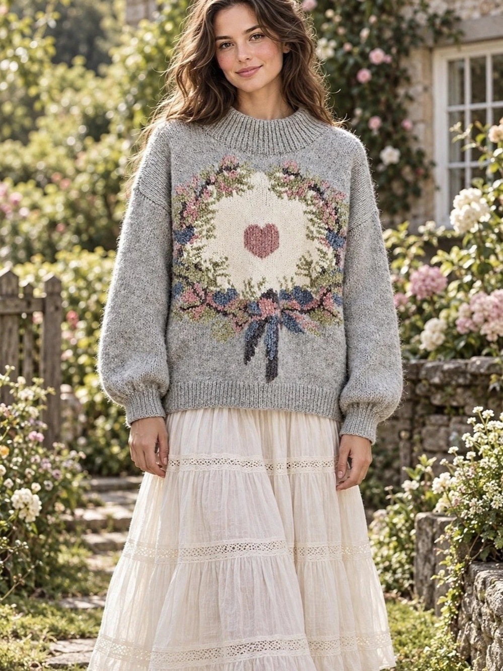 Vintage Studio Michelle Stuart Pastel Knit Sweater Chunky Florals Cottagecore M
